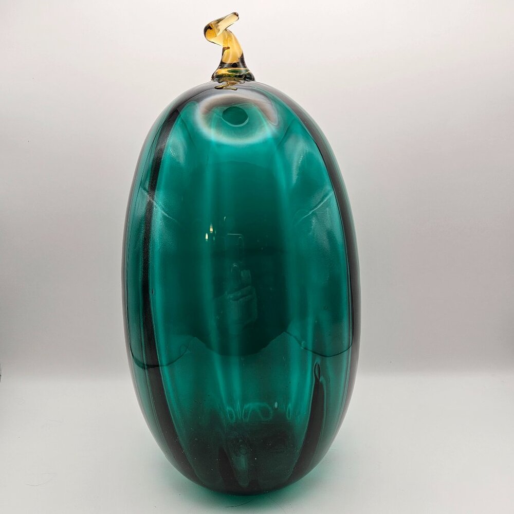 Hand-Blown Glass Pumpkin – Teal Green w/ Amber Stem – 11” Tall – Art Glass Decor